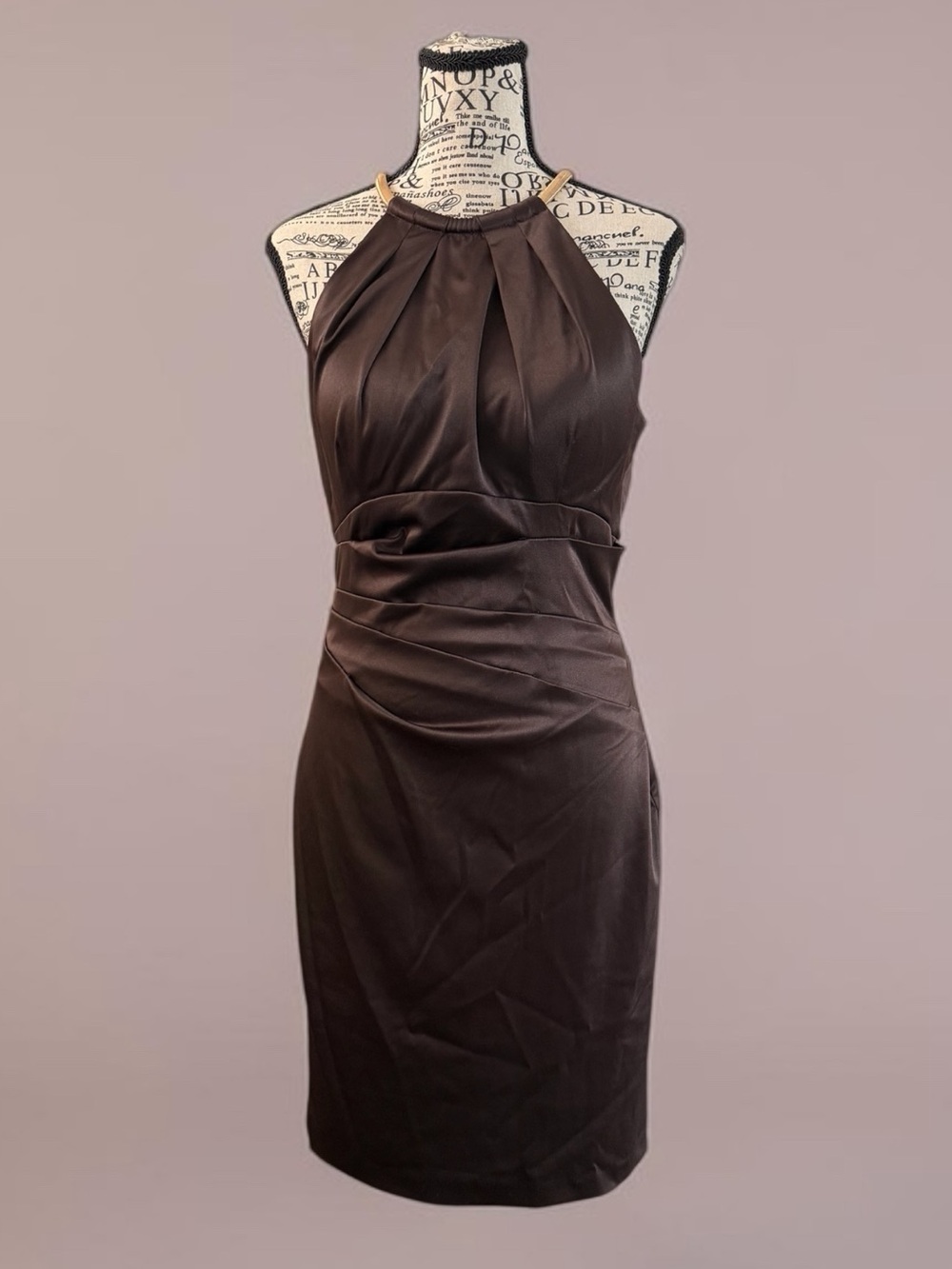 Eliza J Chocolate Brown Chain Strap Pleated Satin Cocktail Dress - Picture 5 of 10